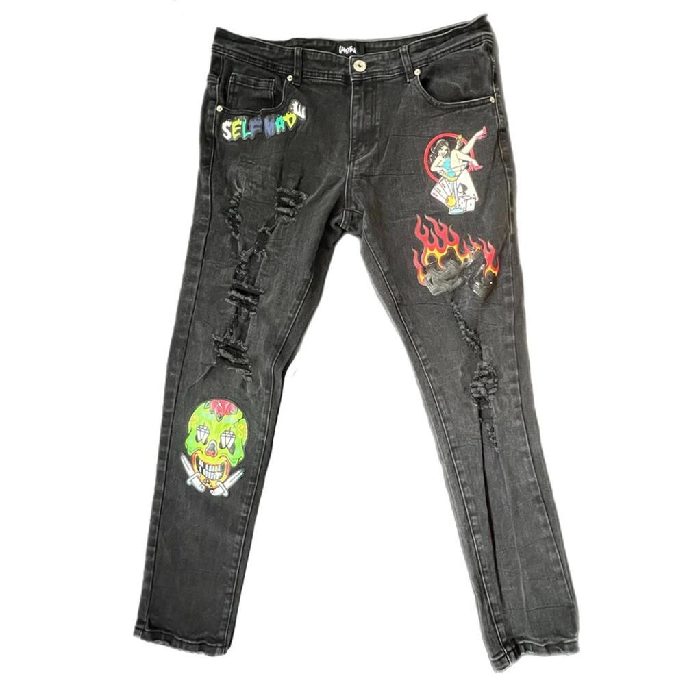 Motive‎ Denim Distressed Graphic Jeans Black Patchwork Streetwear 34/32